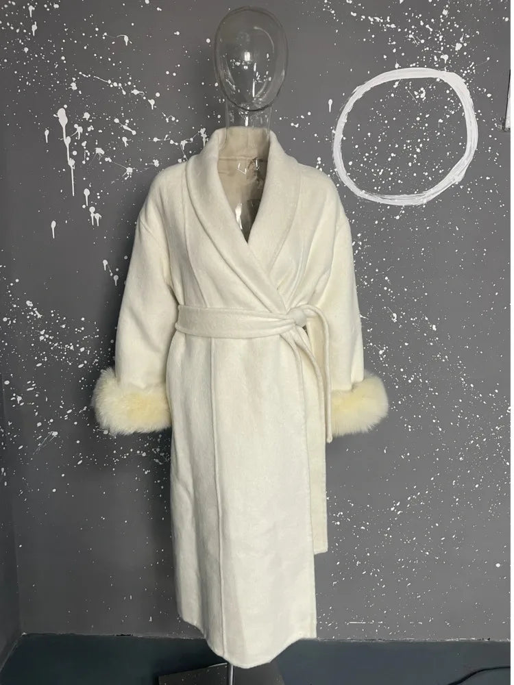 UCXQ Elegant OL Office Lady Overcoats Fur Patchwork Long Sleeve Woolen Coat Beautiful Women's Clothing Jacket Autumn 2025 Winter