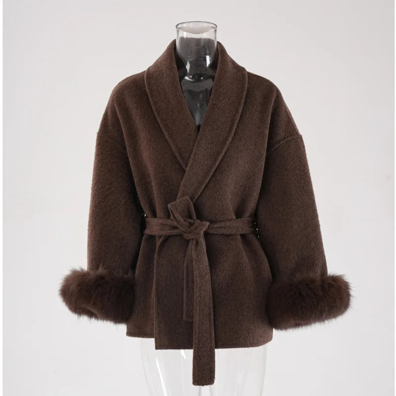 UCXQ Elegant OL Office Lady Overcoats Fur Patchwork Long Sleeve Woolen Coat Beautiful Women's Clothing Jacket Autumn 2025 Winter