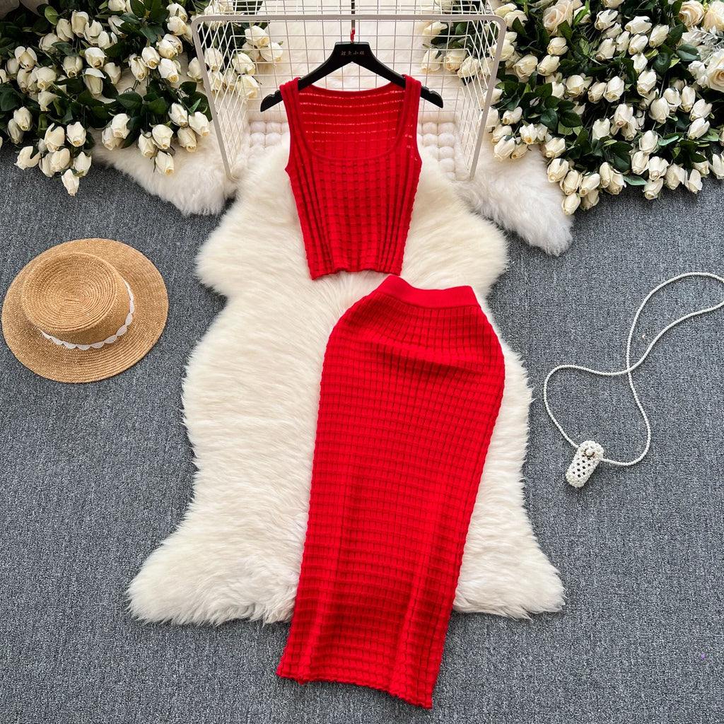 Sommer Frauen Mode Rock Set sexy ärmellose Tanktops hohe Taille schlanke lange Saya weibliche zweiteilige Anzüge stricken feste Kleidung