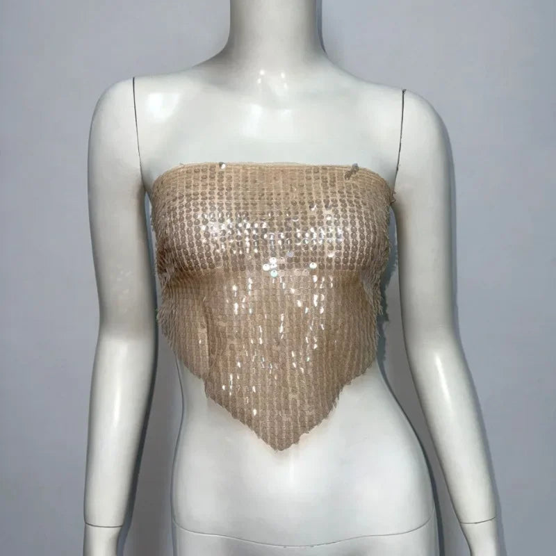 Sommer Sexy Pailletten Weste Top Weibliche Backless Strand Urlaub Kleidung Gestellte Y2k Rohr Tops Patchwork Shiny frauen Tank Top