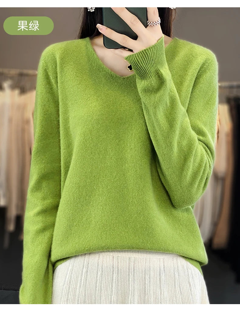 Frauen 100% Merinowolle Pullover V-Ausschnitt Basic Pullover Herbst Winter Kaschmir Kleidung Langarm weiche Strickwaren Tops einfarbig