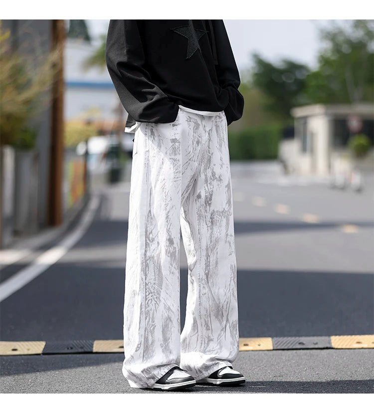 Jeans Herren Klassische Jeans mit geradem Bein, weiße Batik-Denim-Hose, Unisex, modische Freizeithose, Streetwear, Hip-Hop-Stil, gewaschen