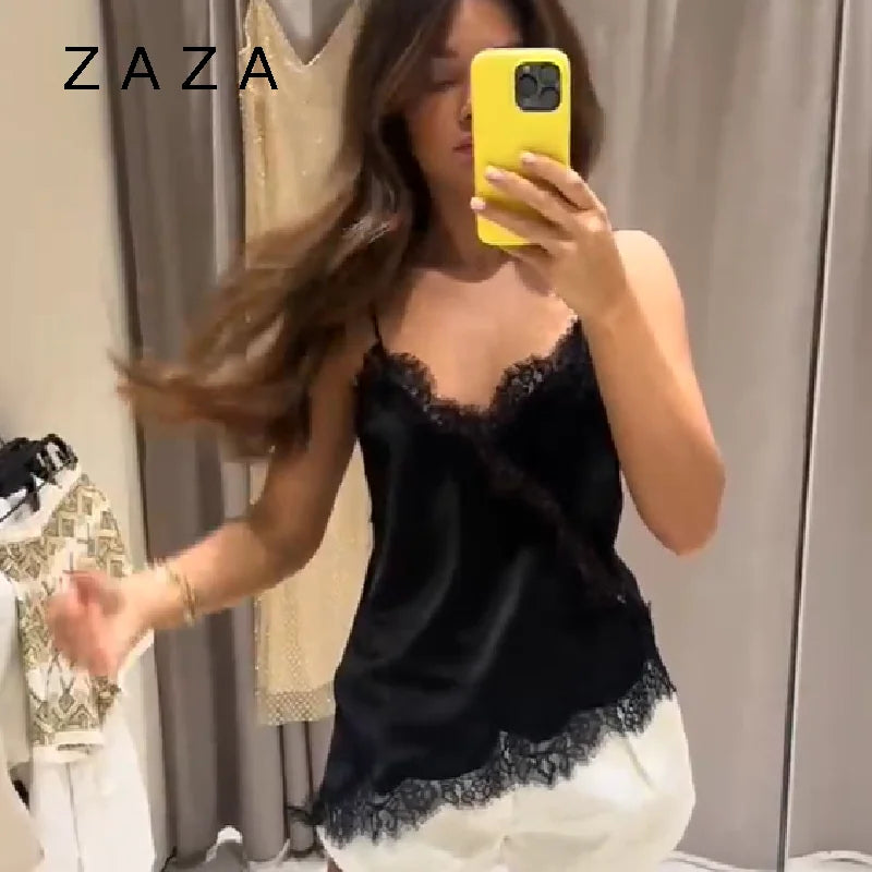 Sommer Frauen Halter Top Satin Spitze Gespleißt Tank Backless Tiefem Hals Sexy Weste Unregelmäßigen Saum Vestidos 2025, Dame Urlaub Sexy Tops