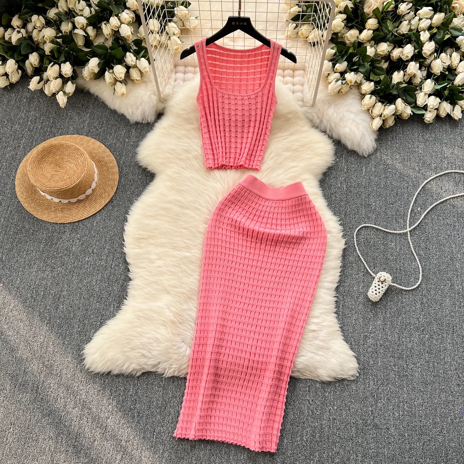 Sommer Frauen Mode Rock Set sexy ärmellose Tanktops hohe Taille schlanke lange Saya weibliche zweiteilige Anzüge stricken feste Kleidung