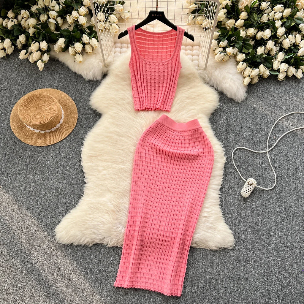 Sommer Frauen Mode Rock Set sexy ärmellose Tanktops hohe Taille schlanke lange Saya weibliche zweiteilige Anzüge stricken feste Kleidung