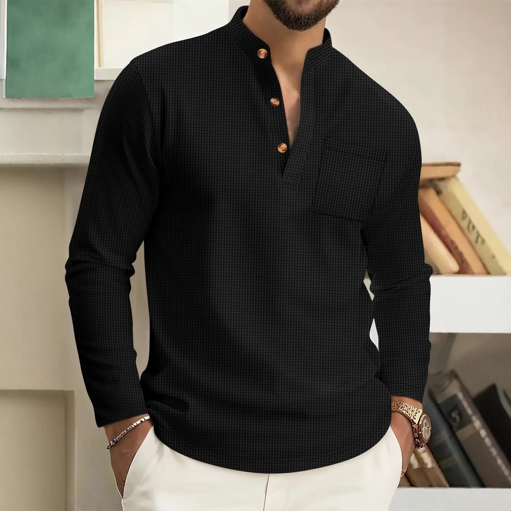 Lässiges Herren-Langarmhemd mit Waffelkaro, Stehkragen, Knopf-Halbstrickjacke, atmungsaktives und bequemes Hemd für den täglichen Gebrauch