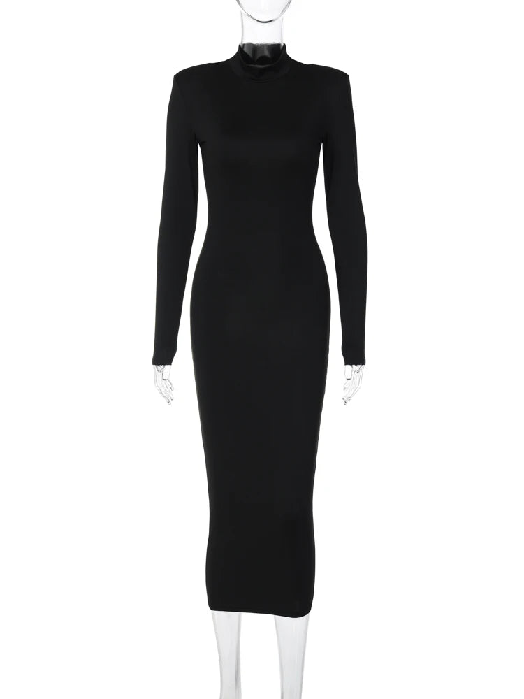Hugcitar Frauen Mode Rollkragen Lange Ärmel Schwarz Sexy Bodycon Maxi Prom Kleid Herbst Casual Kleidung Streetwear Party Festival