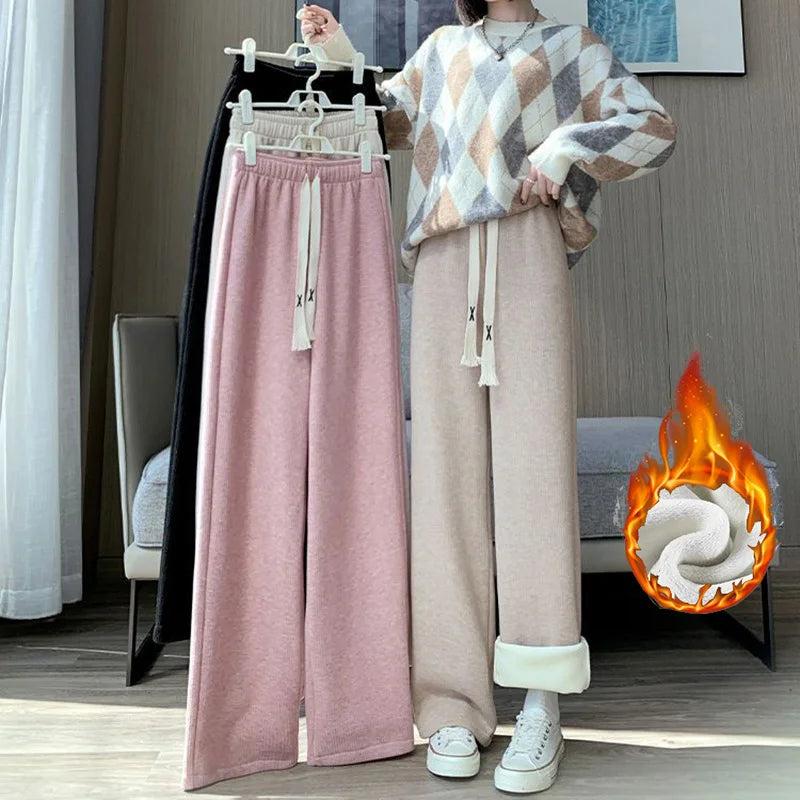 Winter Girls Snow Warm High Waisted Thermal Pants Women Fashion Straight Leg Plush Trousers Lady Thin Fleece Daily Pants