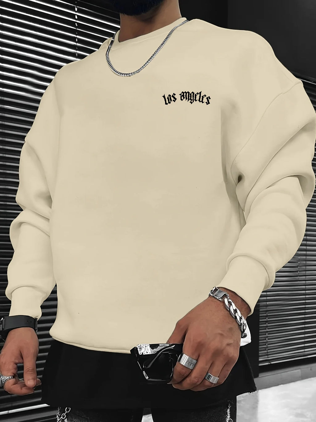Men's autumn and winter fashionable casual loose Los Angeles letter print fleece pullover long sleeved round neck sweatshirt