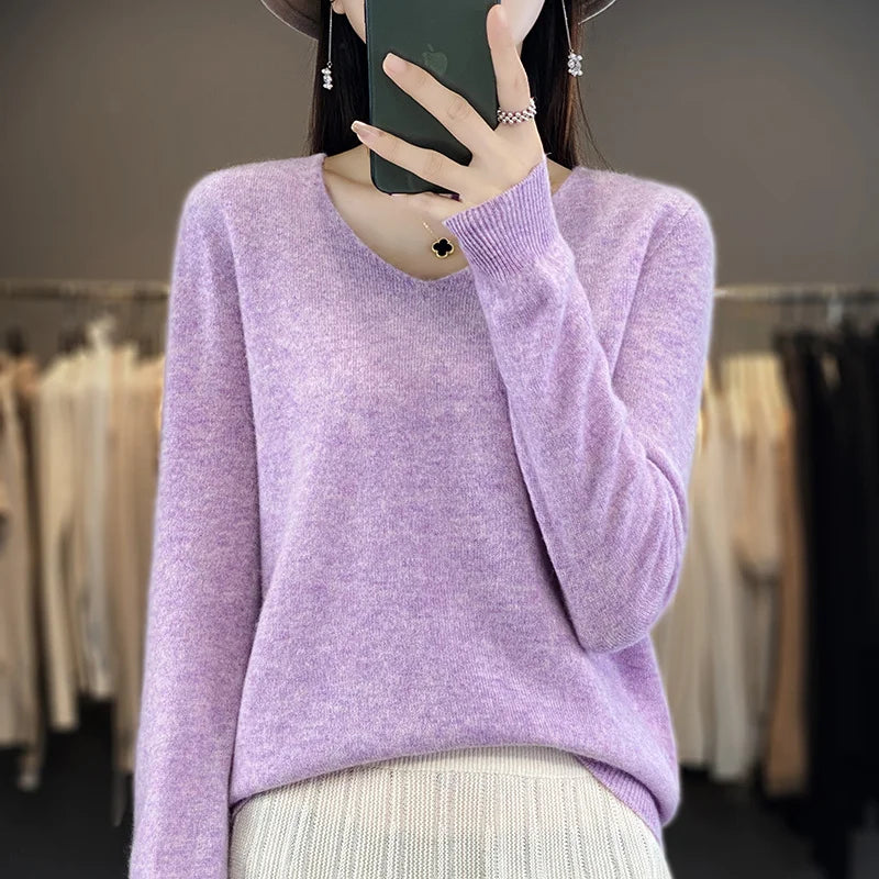 Frauen 100% Merinowolle Pullover V-Ausschnitt Basic Pullover Herbst Winter Kaschmir Kleidung Langarm weiche Strickwaren Tops einfarbig