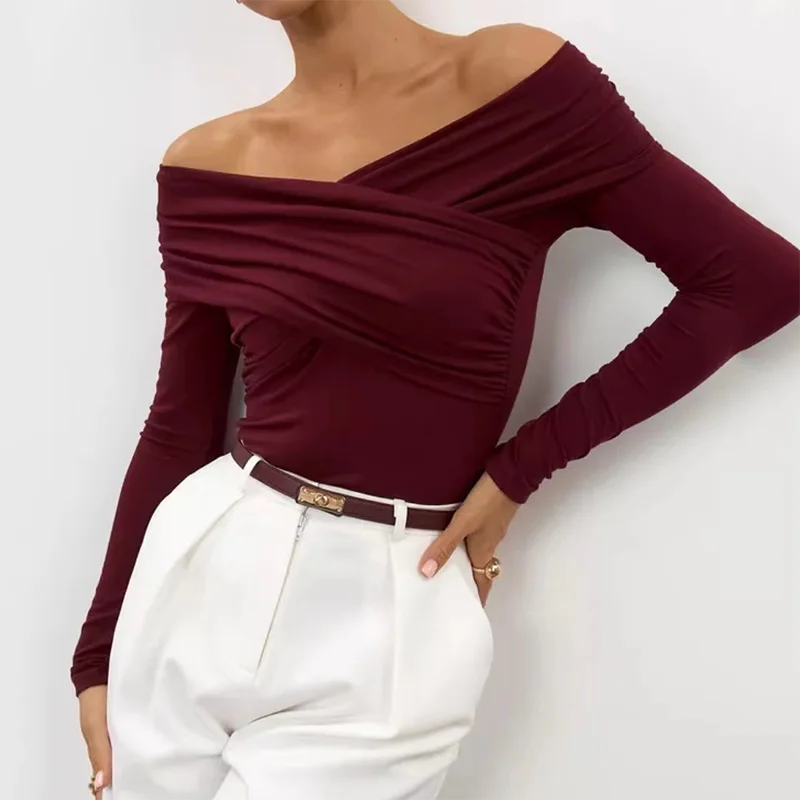 Herbst neuer 2024, sexy und modischer, schulterfreier Patchwork-Langarm-Slim-Fit-Overall mit V-Ausschnitt und schmaler Passform für Damen