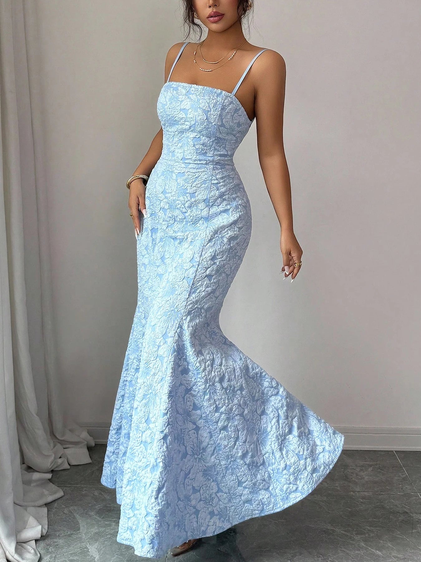 Damen Meerjungfrauenkleid Hellblau mit Spaghettiträgern, rückenfrei, Schnürung, Maxirock, formelles Abendkleid für Frühling und Sommer