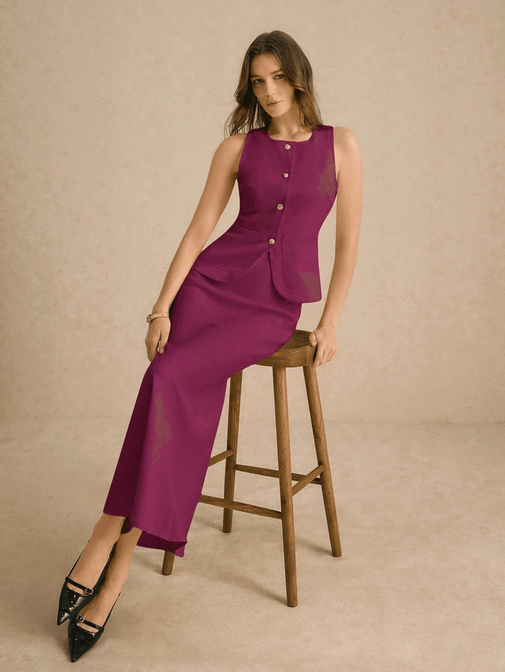2026 Neuer Stil Anzugweste, Asymmetrische Metallknopf-Dekoration Lange Weste Mantel Meerjungfrauenrock, Business Casual Damen Winter Elegant