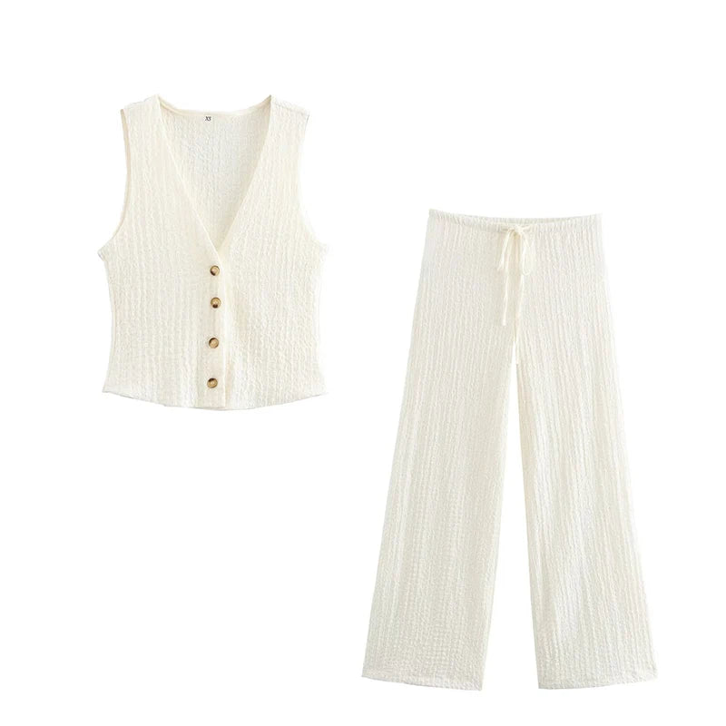 Willshela Frauen Mode 2-teiliges Set Solide Einreiher Tank Tops & Vintage Hohe Elastische Taille Hosen Weibliche Chic Hosen Anzug