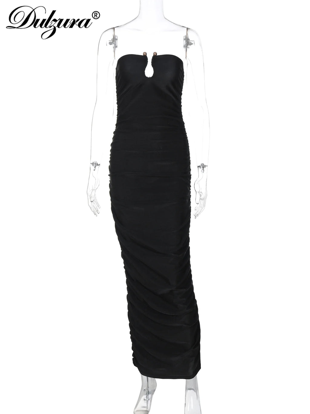 Dulzura ärmelloses, trägerloses, plissiertes Maxikleid mit Knopf, sexy, elegantes langes Kleid für Damen, Party, Club, Büro, Frühling und Sommer