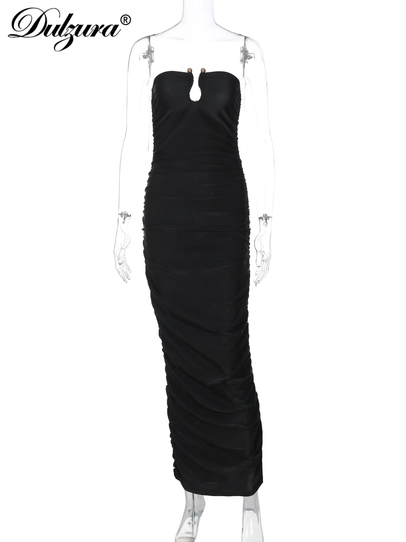 Dulzura ärmelloses, trägerloses, plissiertes Maxikleid mit Knopf, sexy, elegantes langes Kleid für Damen, Party, Club, Büro, Frühling und Sommer