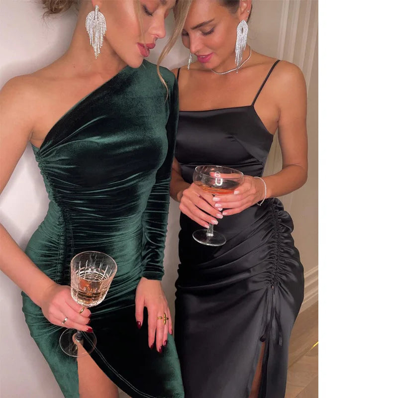 Frauen Elegante Langarm Party Abend Samt Bodycon Split Bleistift Midi Kleid Frühling Herbst Kleidung