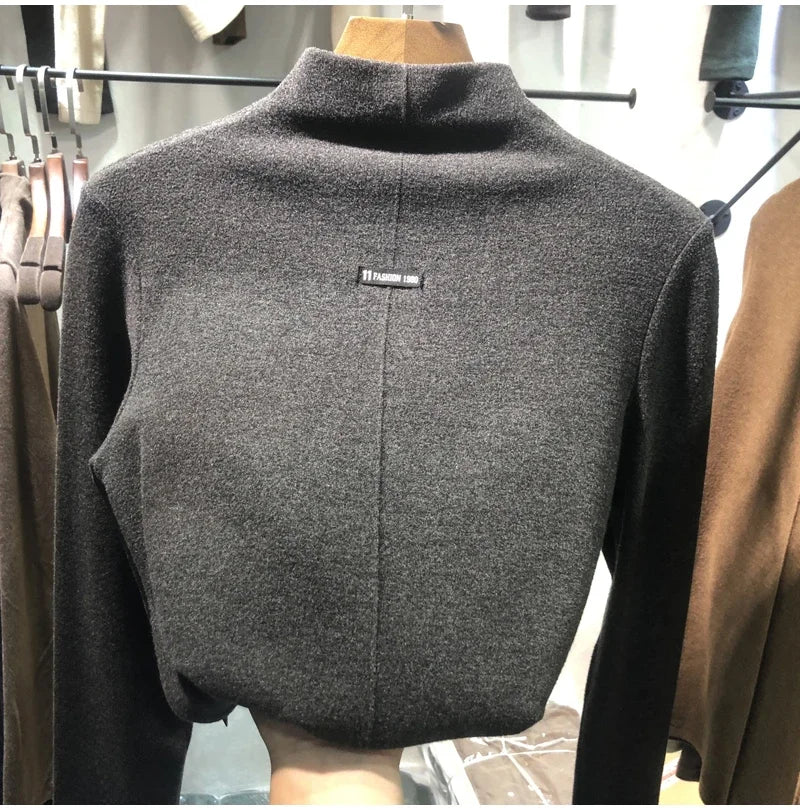 Harajuku half turtleneck Casual slim fleece Thick bottoming T-shirt autumn winter velvet Long Sleeve solid T Shirt Women y2k Top