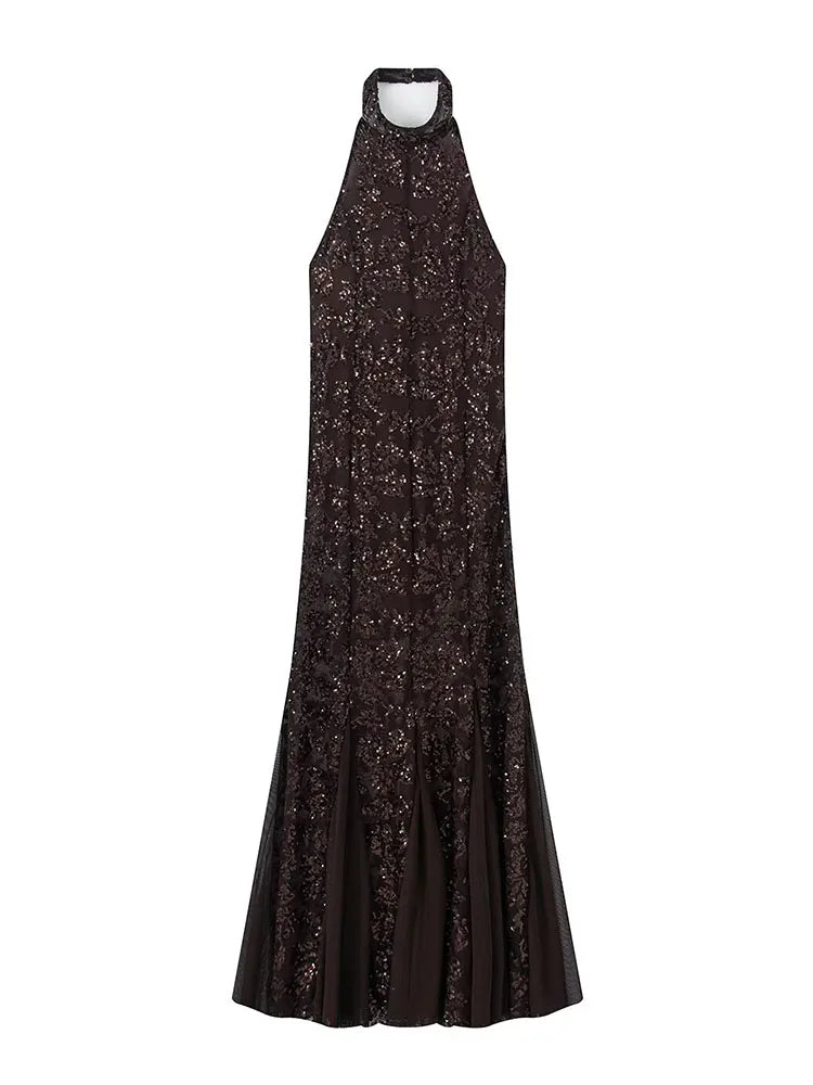 HH Damen Neues Modisches Abendkleid Sommer Ärmellos Rückenfrei Pailletten Bestickt Neckholder Dekoration Sexy Langes Kleid