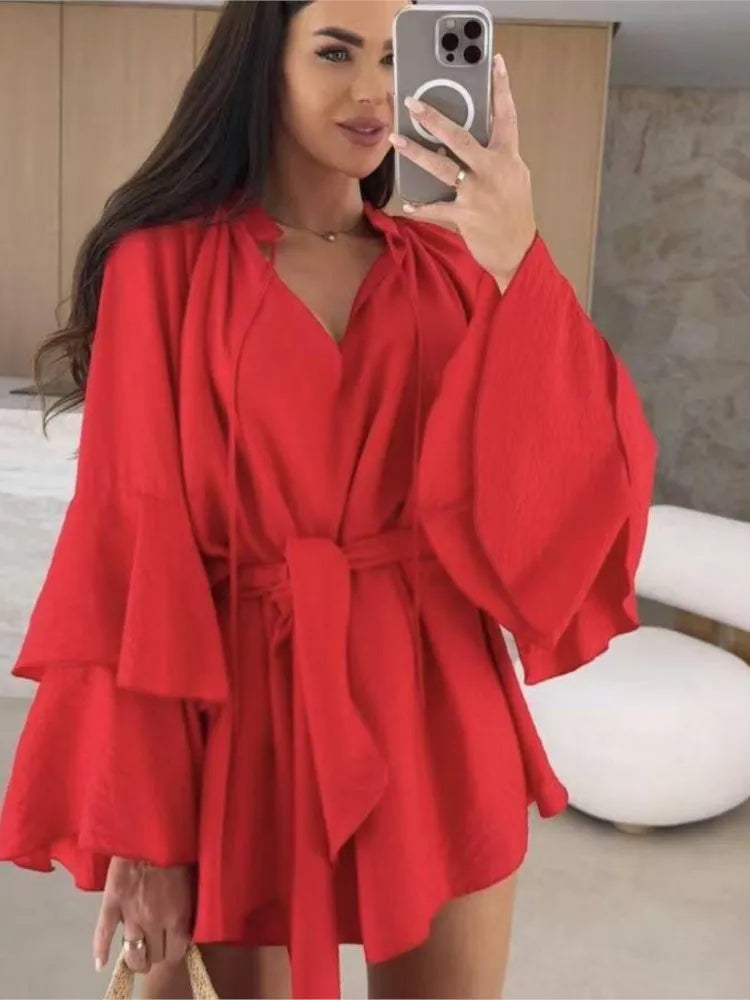 Süße ausgestellte Ärmel Kleider für Frauen 2025, sexy tiefer V-Ausschnitt, modisches Minikleid, Frühling, Sommer, Schnürung, solides Kleid, Robe Femme