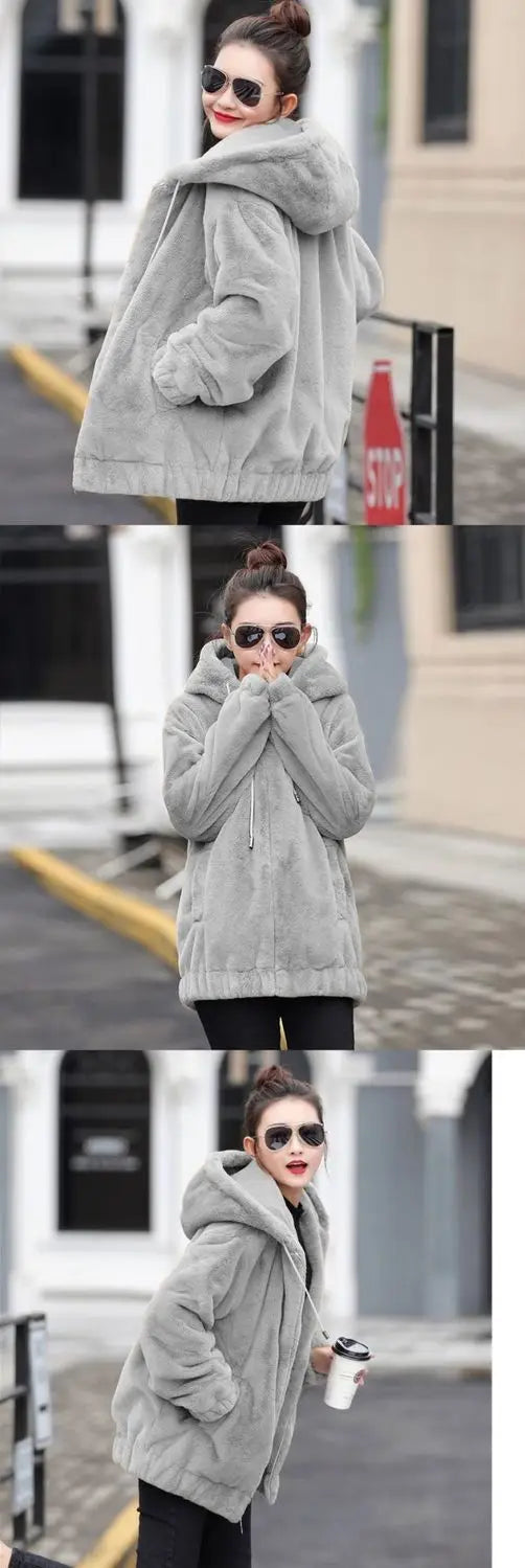 Plüsch-Kapuzenjacke für Damen, mittellang, Winter, neuer lockerer Plüsch, warmer, langer Ärmel, Plüsch, kurze Jacke, modischer Freizeitmantel