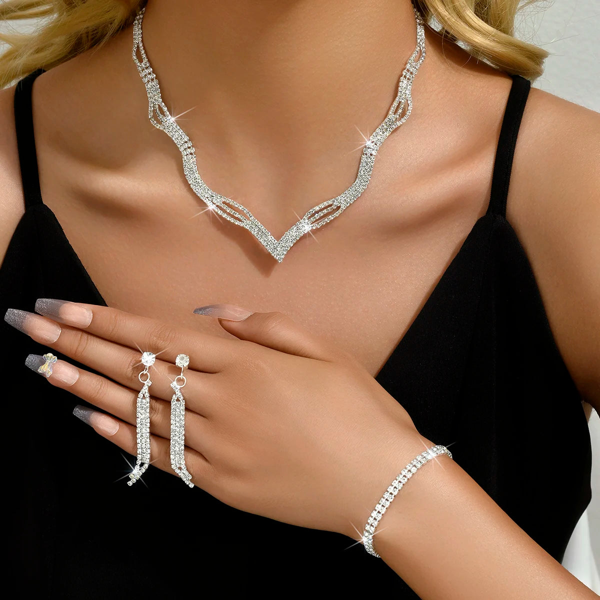 4PC Fashion Simple Copper Inlaid Rhinestone Claw Chain Necklace Earrings Bracelet Jewelry Set Women's Wedding Decoration-5273