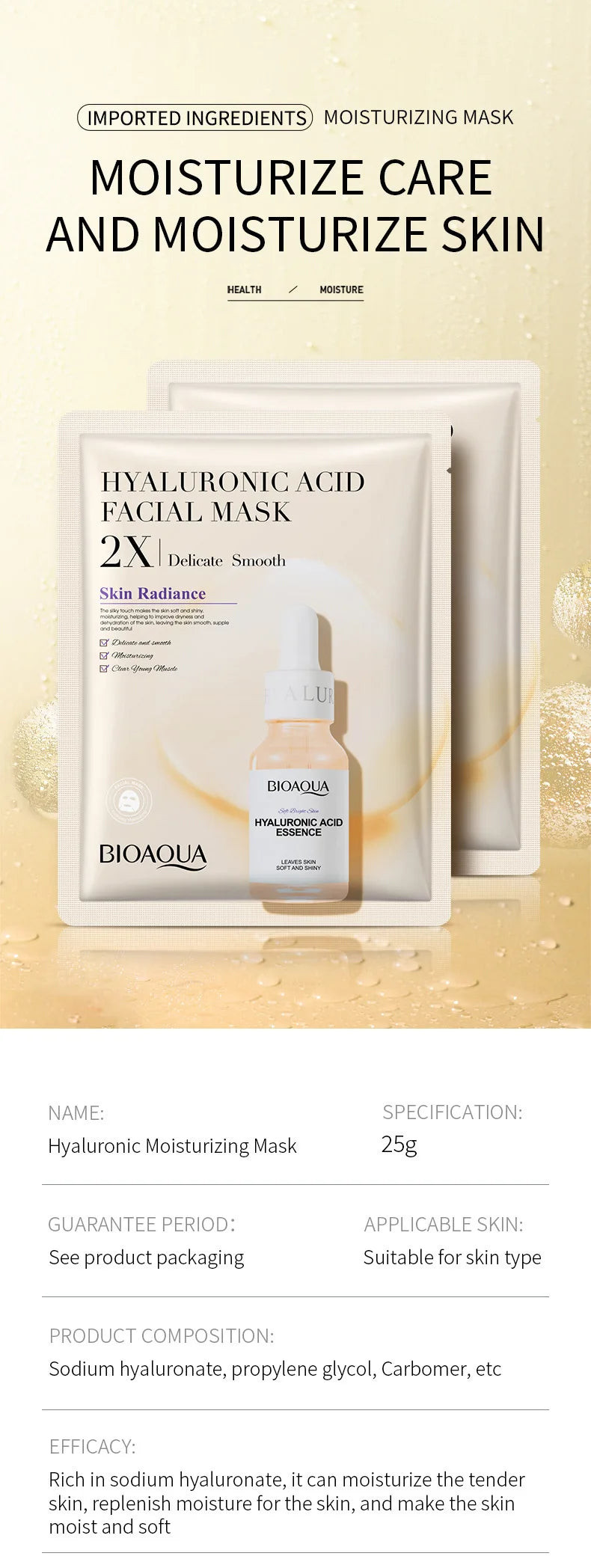 20 Stück BIOAQUA Centella Kollagen Gesichtsmaske Feuchtigkeitsspendende erfrischende Blattmasken Hyaluronsäure Gesichtsmaske Hautpflegeprodukte