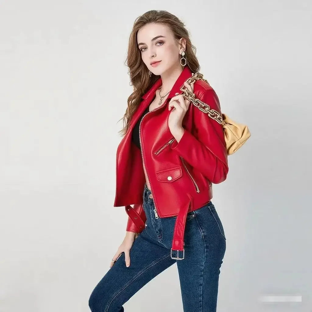 Damen-PU-Lederjacke, schmale Passform, Motorrad, gewaschener Reißverschluss, Oberteil, Herbst-Winter, modische Oberbekleidung, lässiger Stil, volle Ärmel