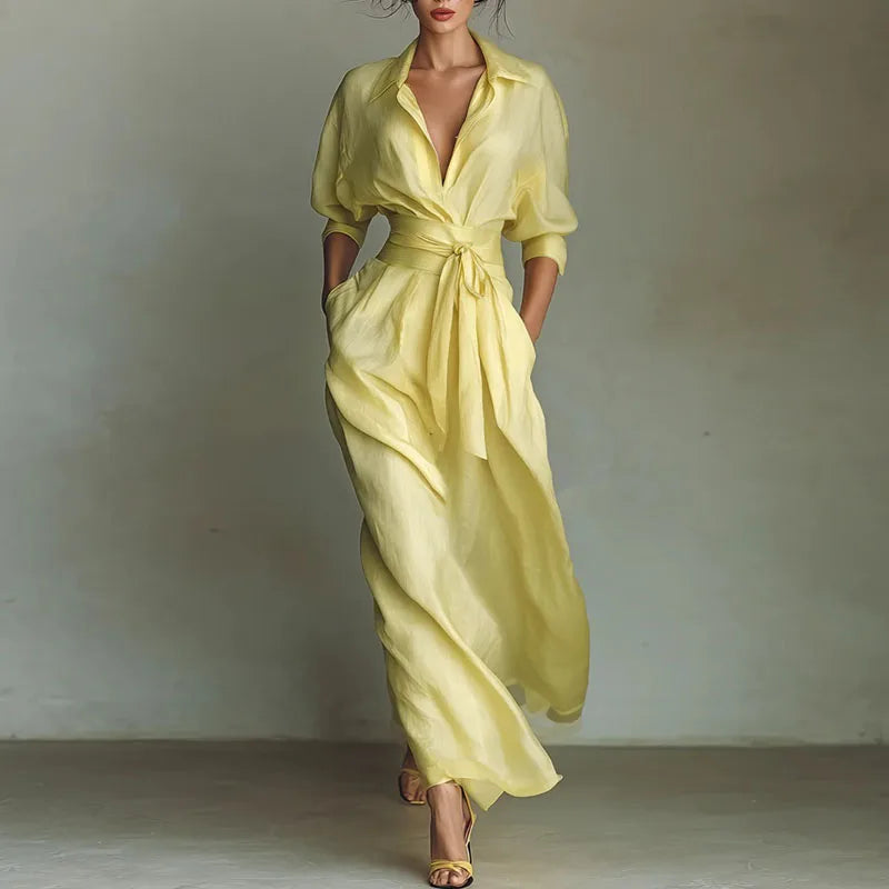 Böhmisches Elegantes Schnür-Maxikleid mit Hoher Taille für Damen Neues Umlegekragen-Kleid mit Ausschnitten für Partys Frühling 3/4 Ärmel Taschen-Maxikleid