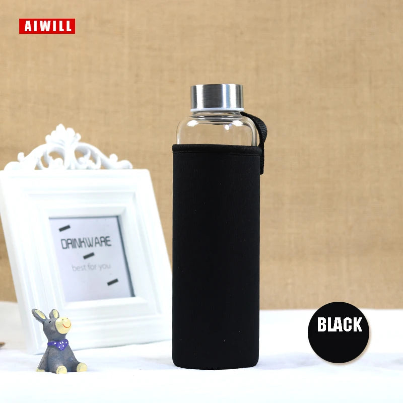 AIWILL Heißer Verkauf Glas Sport Wasser Flasche Mit Schutzhülle Tasche 280 ml/360 ml/550 ml Obst Outdoor fahrrad Flaschen Hohe Qualität