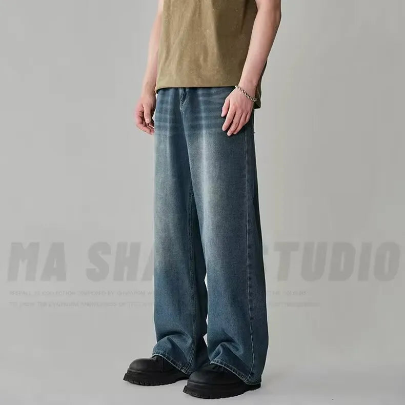 Frühling Herbst männer Neue Denim Hosen Alte Blau Gewaschen Casual Jeans Menwear Lose Neue Mode kontrast farbe Breite Bein Hosen