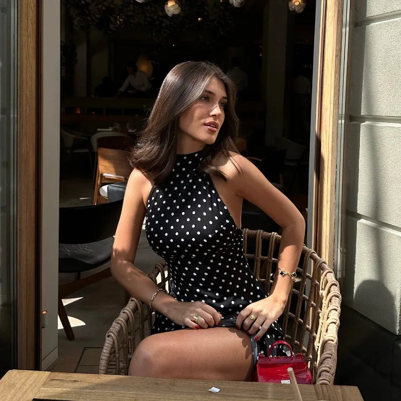 Polka Dot Elegante Off Schulter Ärmellose Backless Hohe Taille Halter Mini Kleid Y2K Sommer Fashion Club Party Vestidos