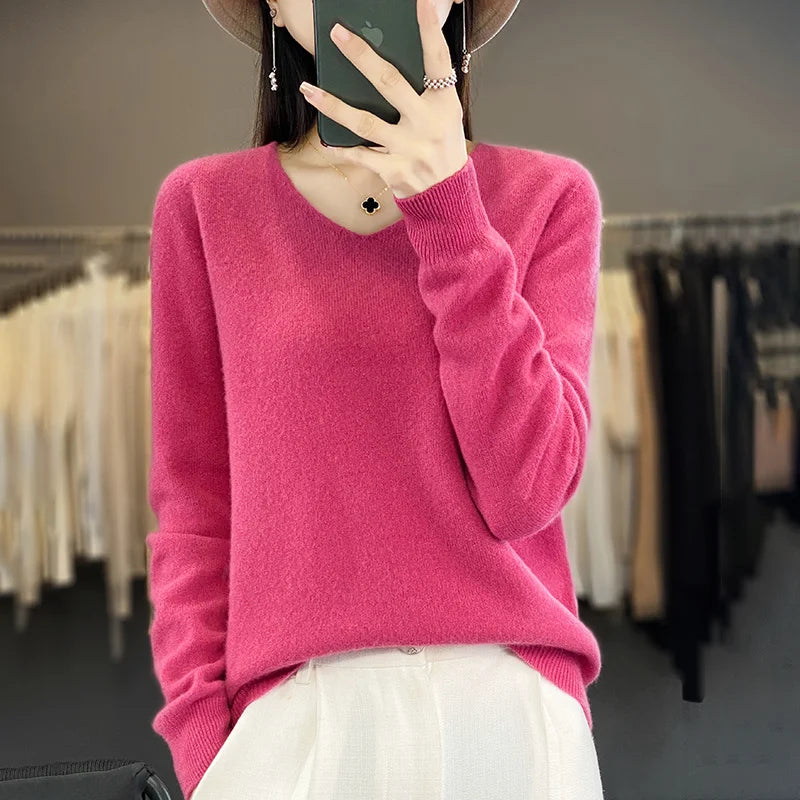 Frauen 100% Merinowolle Pullover V-Ausschnitt Basic Pullover Herbst Winter Kaschmir Kleidung Langarm weiche Strickwaren Tops einfarbig