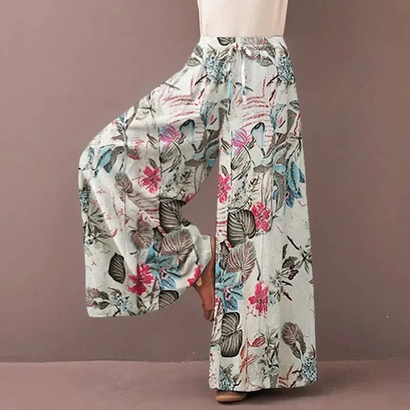 Floral Print Wide Leg Women Pants Spring Drawstring Bohemia Trousers Lady Casual Loose Elastic Waist Pantalonsw Plus Size