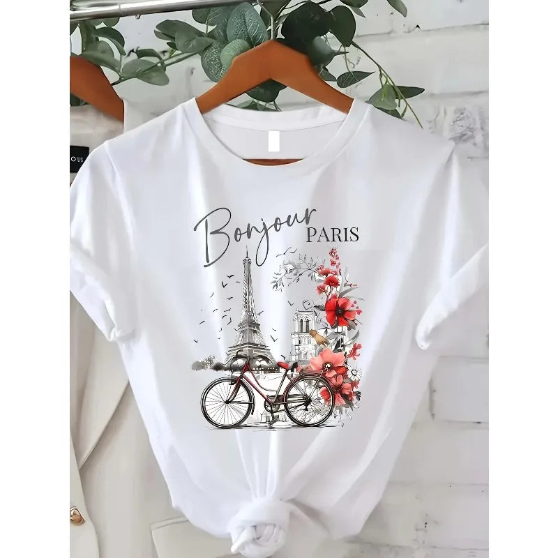 Casual Top für Sommer Frühling Damenbekleidung Paris Print Rundhals T-Shirt Kurzarm Grafik T-Shirts Y2k Top Damen Kleidung