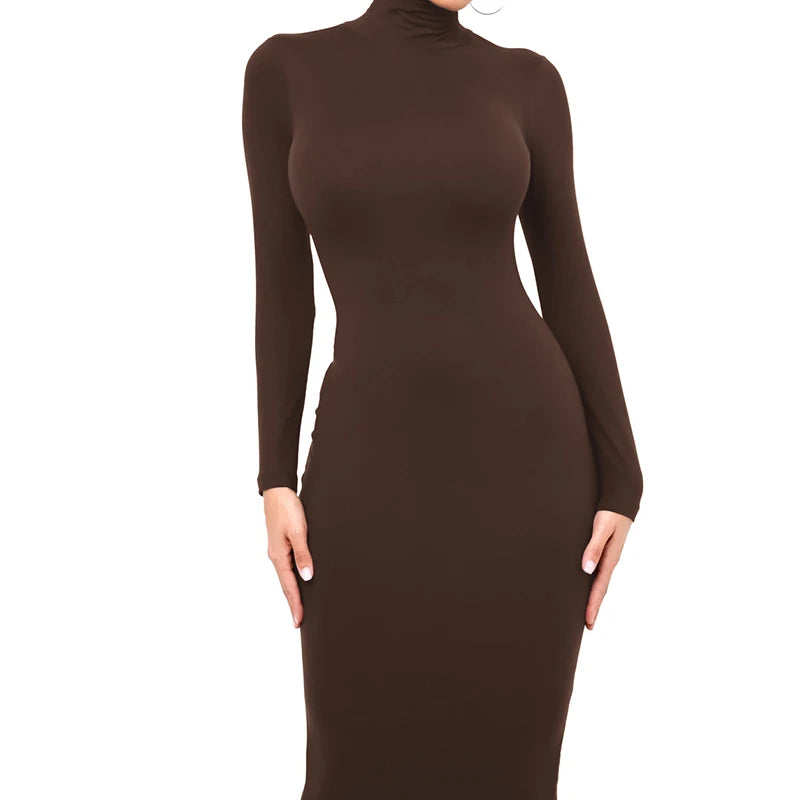 Winter Schwarz Rollkragen Sexy Frauen Kleid Herbst Langarm Dünne Midi Boydcon Casual Blau Plüsch Knie-Länge Party