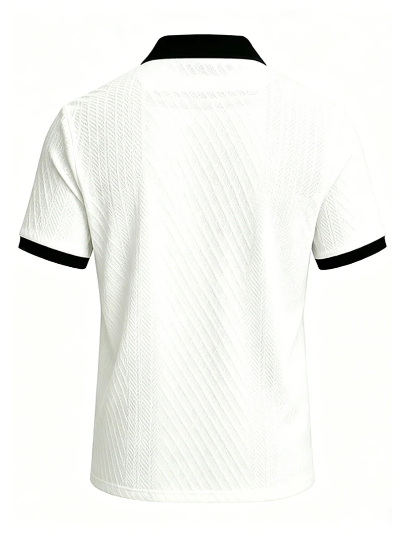 2026 Sommer Herren Jacquard-Strick Poloshirt mit Kontrastkragen Kurzarm Locker Sitzend Weich Atmungsaktiv Lässig Sport Tägliche Kleidung Oberteile