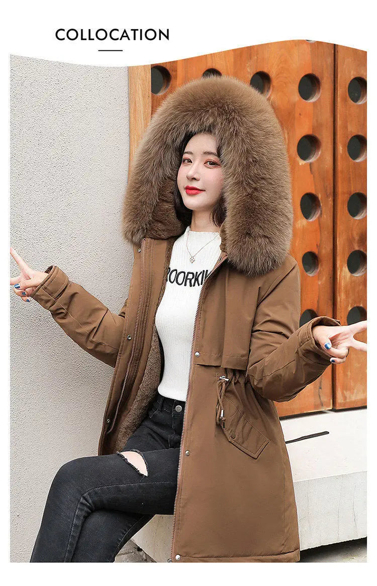 Frühling Parkas Frauen Mäntel Mittlere Länge Mantel Dicke Warme Mit Kapuze Kordelzug Jacken Splice Zipper Enge Taille Jacke Herbst Winter