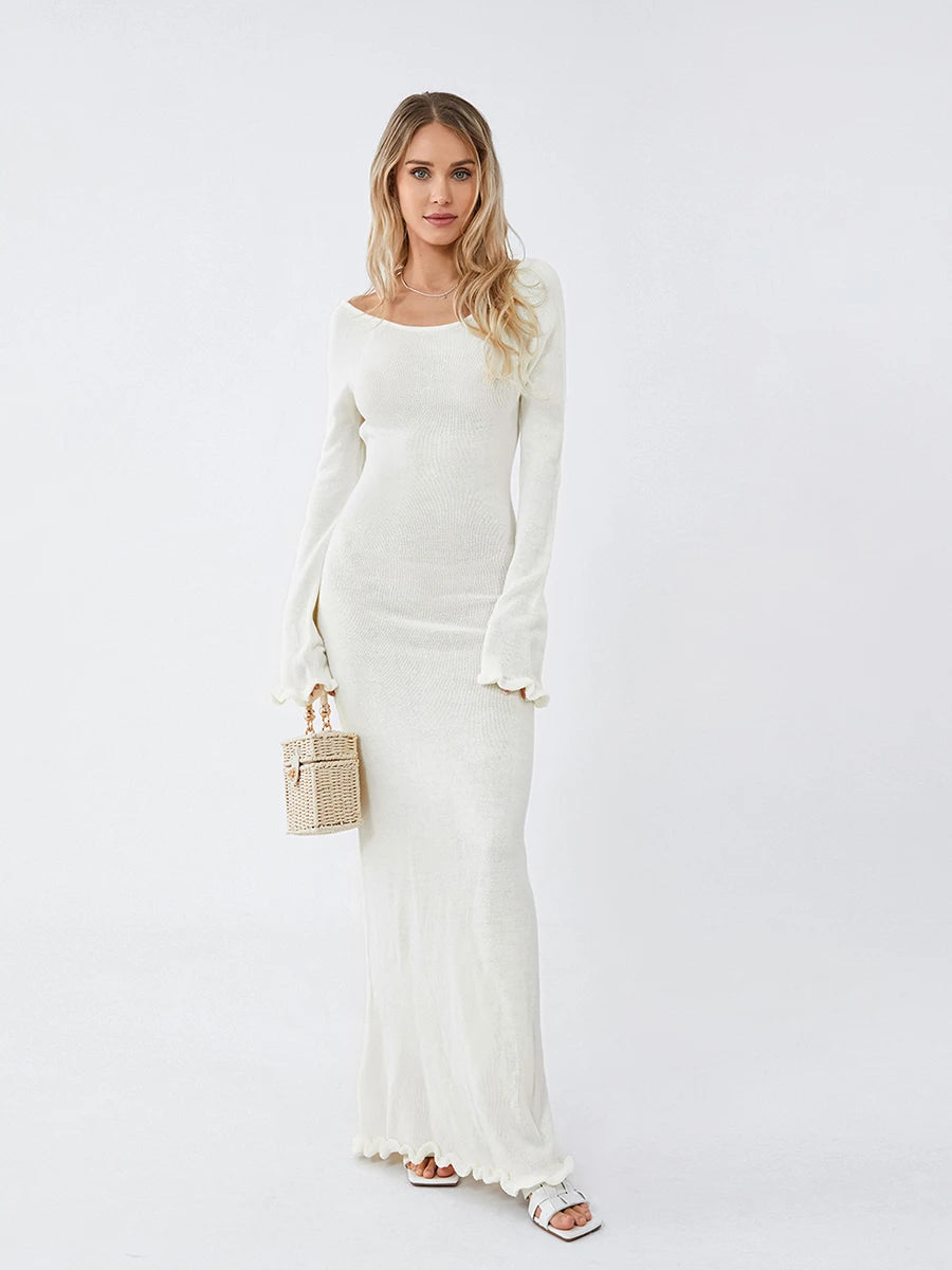 Damen-Kleid mit langen Ärmeln, Krawatte, rückenfrei, Rundhalsausschnitt, Rüschenbesatz, langes Kleid, Herbst und Winter, gestrickt, einfarbig, figurbetontes Kleid, Beige/Grau/Weiß