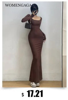 WOMENGAGA Einfache Maxi Langes Kleid Rundhals Langarm Enge Dünne Maxi Kleider Elegante Mode Koreanische Frauen Robe DEH8