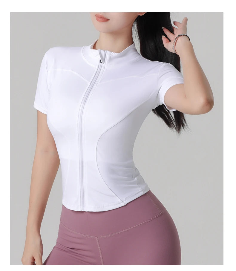 Woman yoga Jacket High Elastic Yoga Short Sleeve Coat Stand Collar Tight Sports Coat Naked Fitness Short Sleeve Female