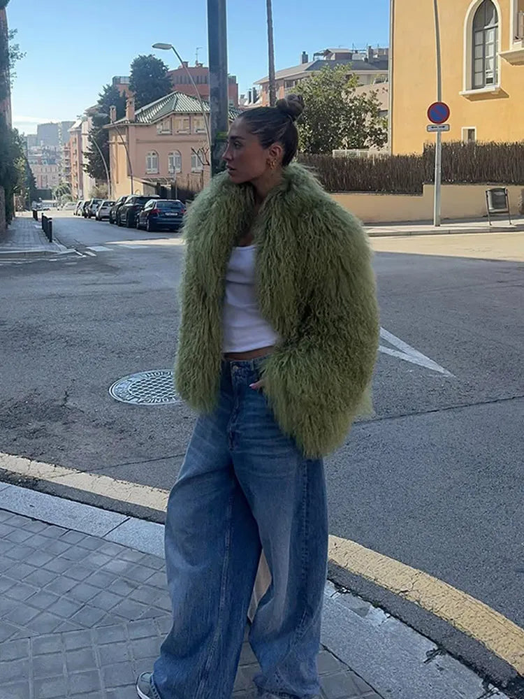 Mongolei Woolen Faux Pelz Jacke Solide Frauen Mode Drehen Unten Kragen Langarm Strickjacke Kurze Mäntel Dame Täglichen Straße Outwears