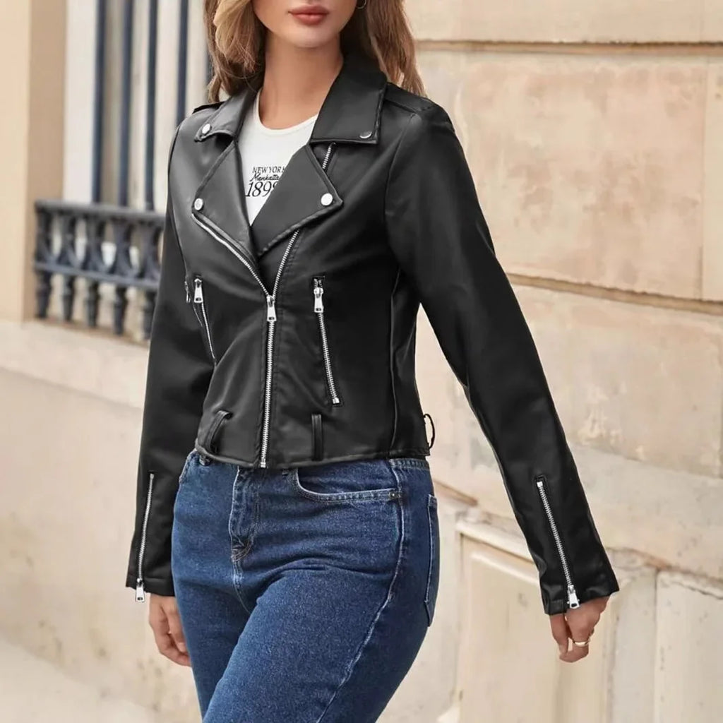 Schwarze kurze Motorradjacke Damen Slim Fit PU-Ledermantel Kunstleder Reißverschlusskragen Volle Ärmel Herkunft China Männliche Mode