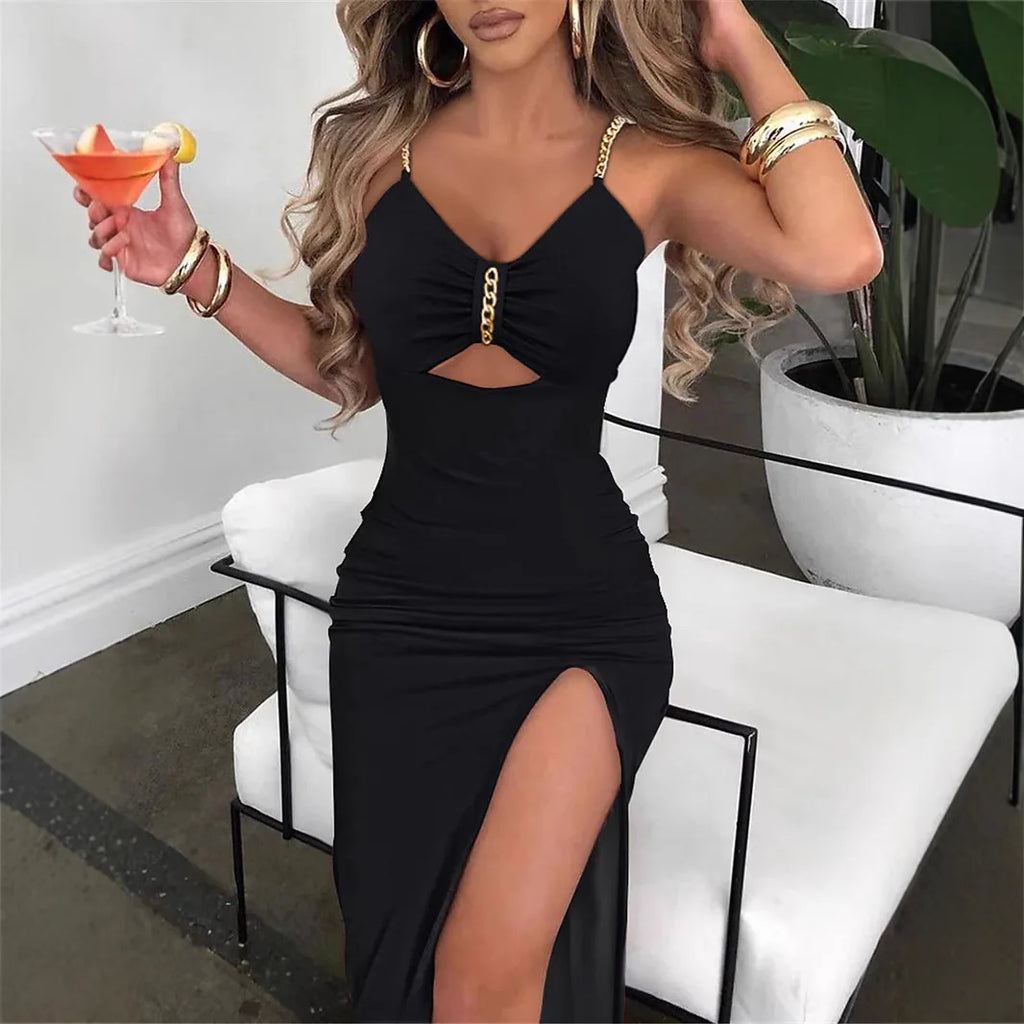 Slip Kleid Frauen Sexy Sommerkleid Split Kette Aushöhlen V-ausschnitt Ärmelloses Maxi Kleid Bodycon Vestidos Party Mantel Kleider 2023