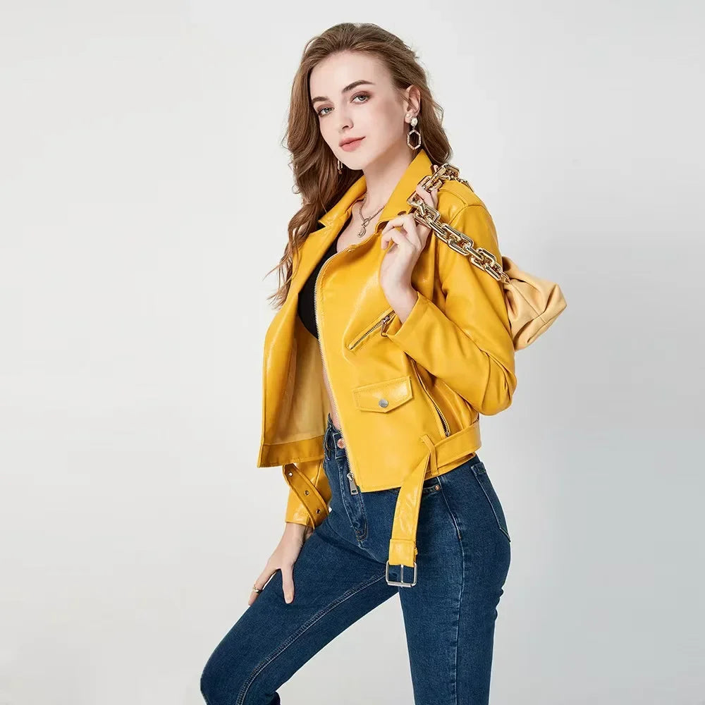 Women's PU Leather Jacket Slim Fit Motorcycle Washed Zipper Top Autumn Winter Fashion Outerwear Casual Style Full Sleeve