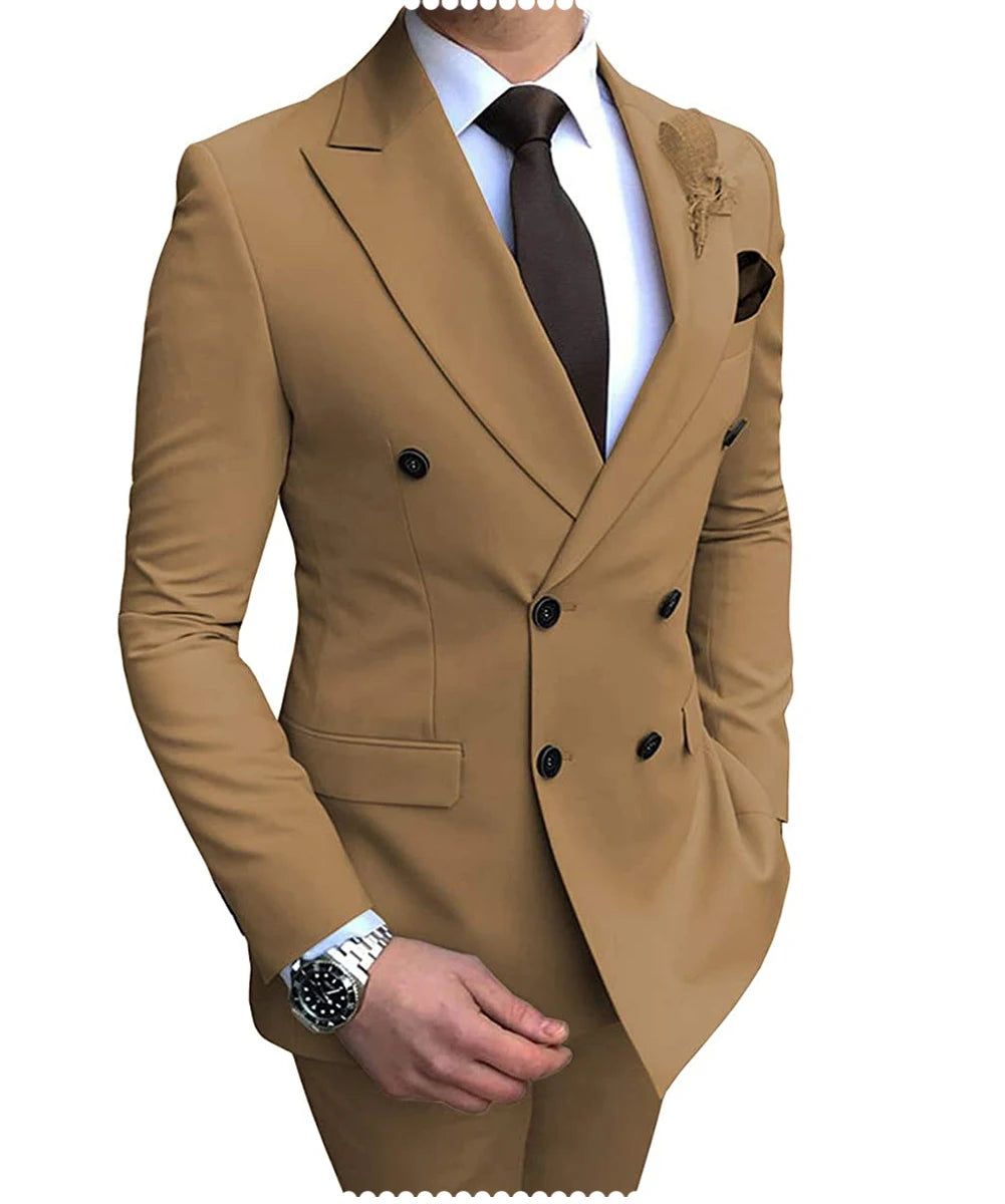 2024 Neuer beigefarbener Herrenanzug, 2-teilig, zweireihig, Reverskragen, flach, schmale Passform, lässiger Smoking für Hochzeit (Blazer + Hose)