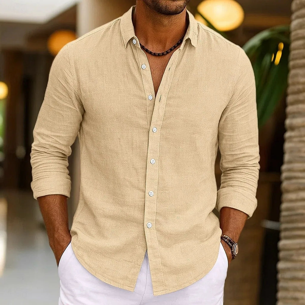 Herren Leinenhemd Sommer Beachwear Knopf Einfarbig Baumwolle Leinen Langarmhemd Urlaub Herrenbekleidung Schneller Versand