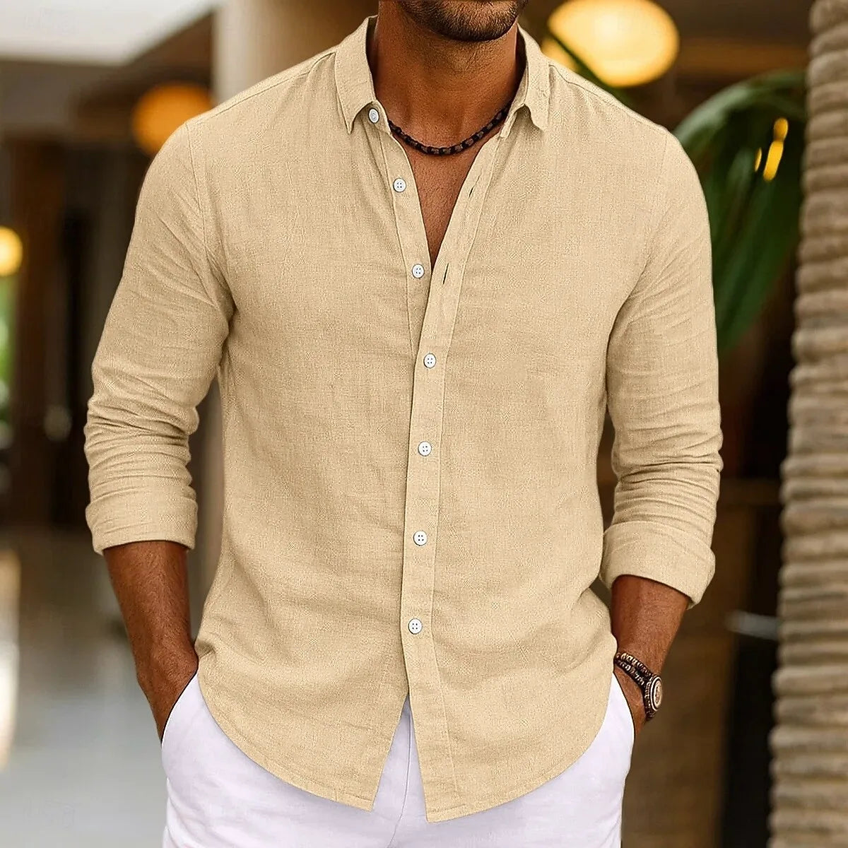 Herren Leinenhemd Sommer Beachwear Knopf Einfarbig Baumwolle Leinen Langarmhemd Urlaub Herrenbekleidung Schneller Versand