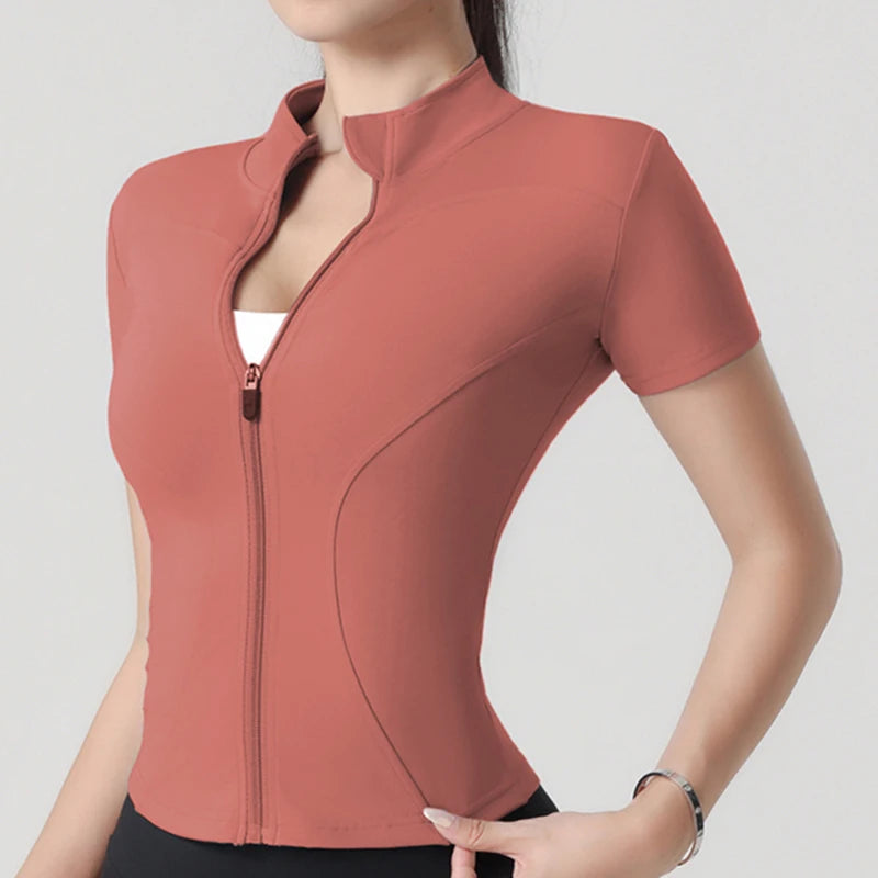 Woman yoga Jacket High Elastic Yoga Short Sleeve Coat Stand Collar Tight Sports Coat Naked Fitness Short Sleeve Female