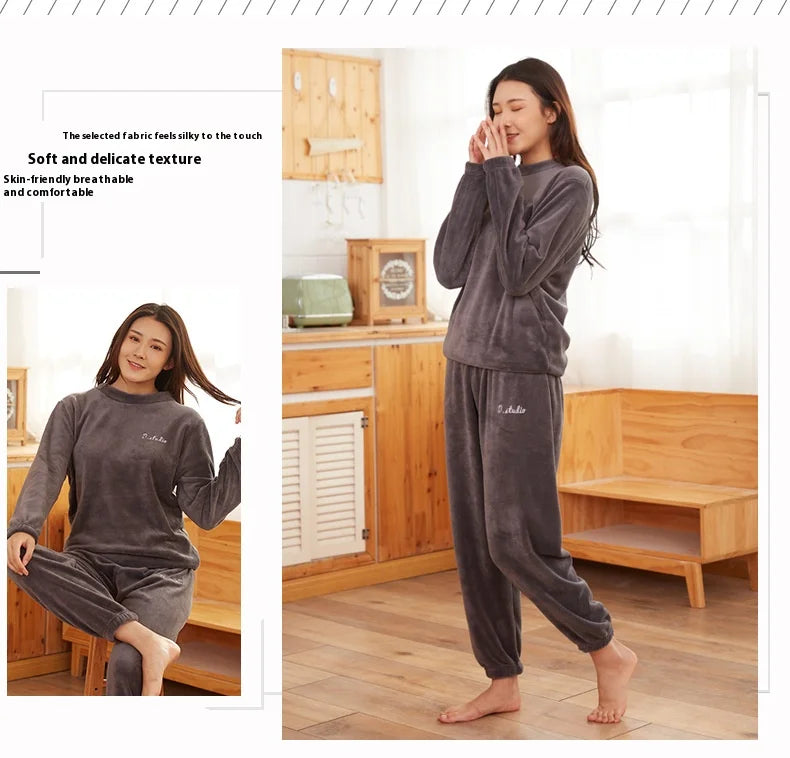 Verdickte Warme Männer Korallen Samt Pyjamas Herbst Winter Homewear Lange Ärmeln Lange Hosen Solide Weiche Nachtwäsche 2 Teile/satz Paar